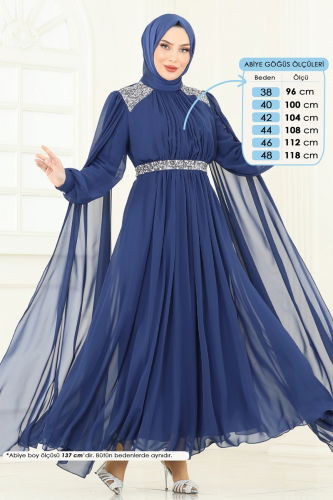 moda selvim Pelerinli Şifon Abiye 7101AB368 İndigo - Thumbnail