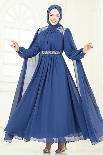 moda selvim Pelerinli Şifon Abiye 7101AB368 İndigo - Thumbnail