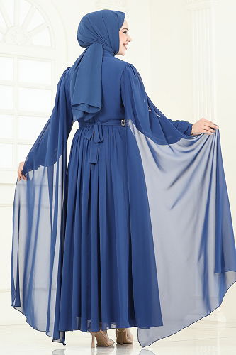 moda selvim Pelerinli Şifon Abiye 7101AB368 İndigo - Thumbnail