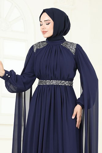 moda selvim Pelerinli Şifon Abiye 7101AB368 Laci - Thumbnail