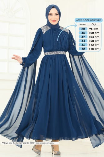 moda selvim Pelerinli Şifon Abiye 7101AB368 Petrol - Thumbnail