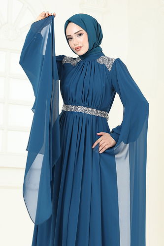 moda selvim Pelerinli Şifon Abiye 7101AB368 Petrol - Thumbnail