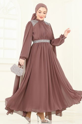 moda selvim Pelerinli Şifon Abiye 7101AB368 Pudra Vizyon - Thumbnail