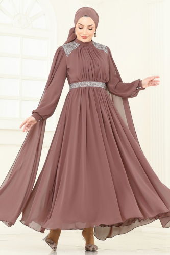 moda selvim Pelerinli Şifon Abiye 7101AB368 Pudra Vizyon - Thumbnail