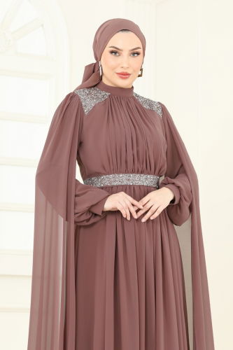 moda selvim Pelerinli Şifon Abiye 7101AB368 Pudra Vizyon - Thumbnail