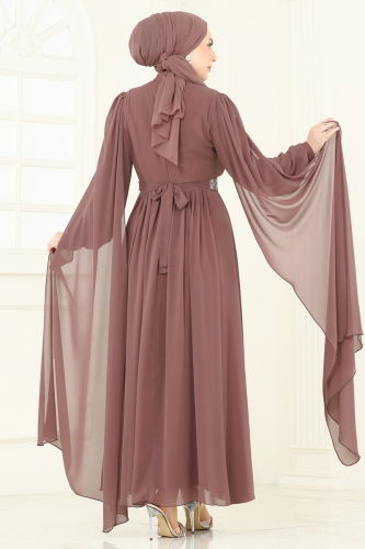 moda selvim Pelerinli Şifon Abiye 7101AB368 Pudra Vizyon - Thumbnail