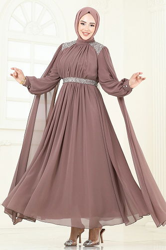 moda selvim Pelerinli Şifon Abiye 7101AB368 Pudra Vizyon - Thumbnail