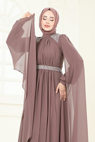 moda selvim Pelerinli Şifon Abiye 7101AB368 Pudra Vizyon - Thumbnail