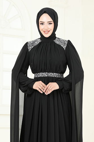 moda selvim Pelerinli Şifon Abiye 7101AB368 Siyah - Thumbnail