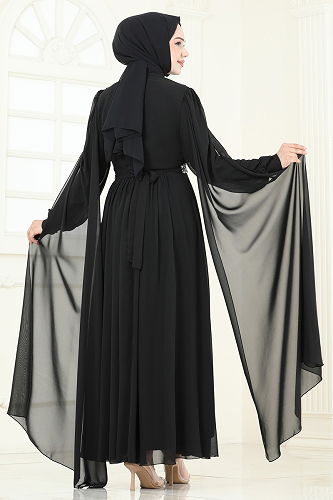 moda selvim Pelerinli Şifon Abiye 7101AB368 Siyah - Thumbnail