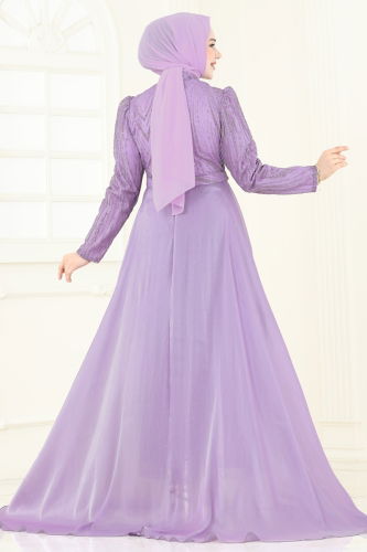 moda selvim Pelerinli Simli Abiye 6632YG95 Lila - Thumbnail