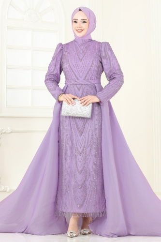 moda selvim Pelerinli Simli Abiye 6632YG95 Lila - Thumbnail