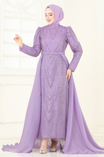 moda selvim Pelerinli Simli Abiye 6632YG95 Lila - Thumbnail