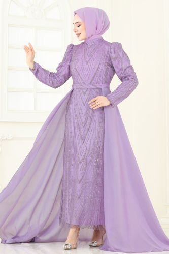moda selvim Pelerinli Simli Abiye 6632YG95 Lila - Thumbnail