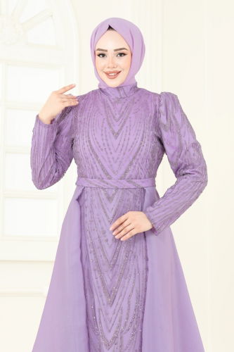 moda selvim Pelerinli Simli Abiye 6632YG95 Lila - Thumbnail