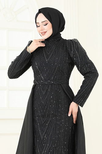 moda selvim Pelerinli Simli Abiye 6632YG95 Siyah - Thumbnail