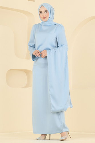 moda selvim Pelerinli Taş Detaylı Abiye 6306BSK463 Bebe Mavisi - Thumbnail