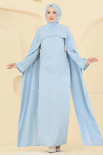 moda selvim Pelerinli Taş Detaylı Abiye 6306BSK463 Bebe Mavisi - Thumbnail