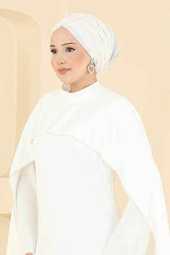 moda selvim Pelerinli Taş Detaylı Abiye 6306BSK463 Ekru - Thumbnail