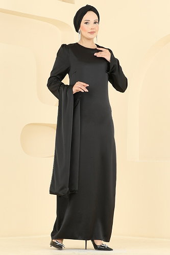 moda selvim Pelerinli Taş Detaylı Abiye 6306BSK463 Siyah - Thumbnail