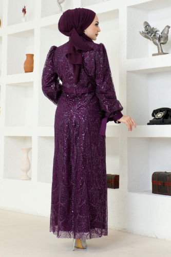 moda selvim Pencil Evening Dresses with Tie Cuffs MSL6568 Purple - Thumbnail