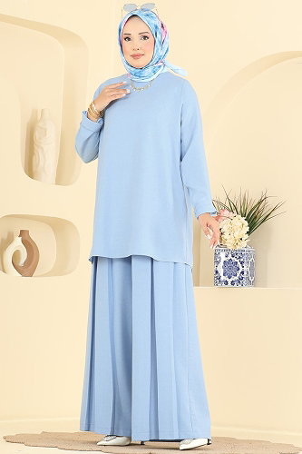 moda selvim Pile Detaylı 2 Li Takım 24054UKBK1160 Bebe Mavisi - Thumbnail