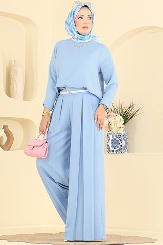 moda selvim Pile Detaylı 2 Li Takım 24054UKBK1160 Bebe Mavisi - Thumbnail
