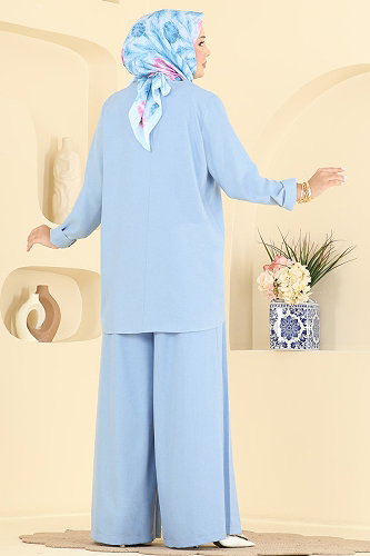 moda selvim Pile Detaylı 2 Li Takım 24054UKBK1160 Bebe Mavisi - Thumbnail