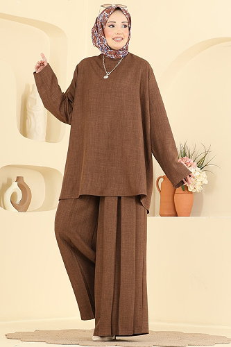 moda selvim Pile Detaylı 2 Li Takım 24054UKBK1160 Kahve - Thumbnail