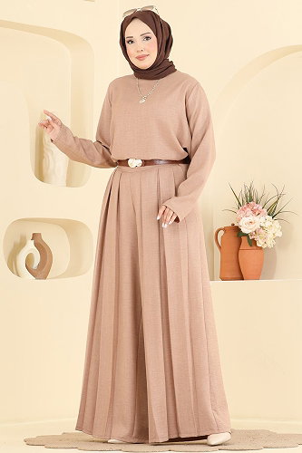 moda selvim Pile Detaylı 2 Li Takım 24054UKBK1160 Latte - Thumbnail