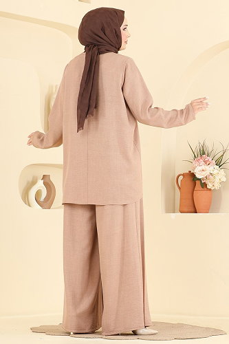 moda selvim Pile Detaylı 2 Li Takım 24054UKBK1160 Latte - Thumbnail