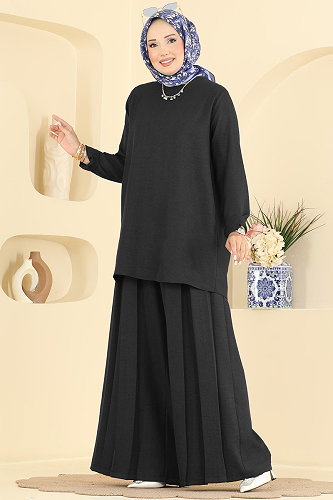 moda selvim Pile Detaylı 2 Li Takım 24054UKBK1160 Siyah - Thumbnail