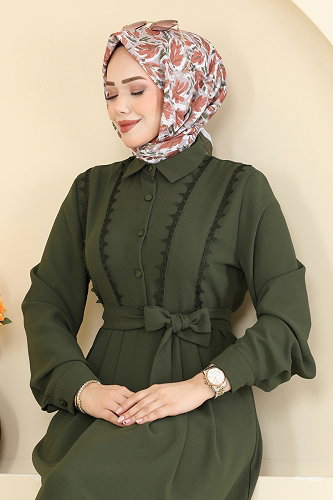moda selvim Pile Detaylı Krep Elbise 376ASN888 Haki - Thumbnail