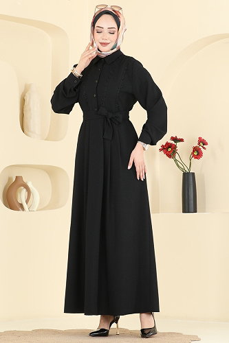 moda selvim Pile Detaylı Krep Elbise 376ASN888 Siyah - Thumbnail