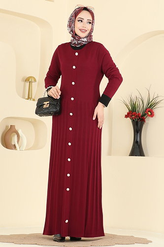 moda selvim Pile Detaylı Triko Elbise 1357MT581 Bordo - Thumbnail