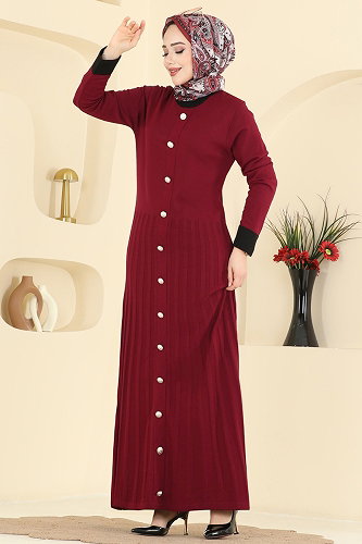 moda selvim Pile Detaylı Triko Elbise 1357MT581 Bordo - Thumbnail