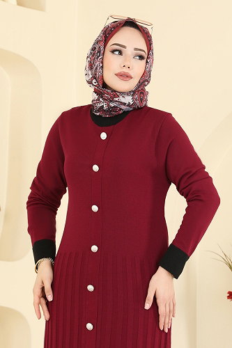 moda selvim Pile Detaylı Triko Elbise 1357MT581 Bordo - Thumbnail