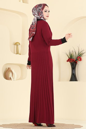 moda selvim Pile Detaylı Triko Elbise 1357MT581 Bordo - Thumbnail