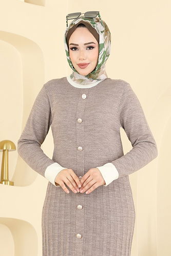 moda selvim Pile Detaylı Triko Elbise 1357MT581 Koyu Vizyon - Thumbnail
