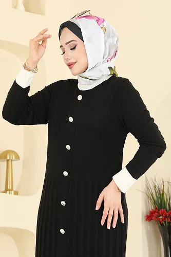 moda selvim Pile Detaylı Triko Elbise 1357MT581 Siyah - Thumbnail