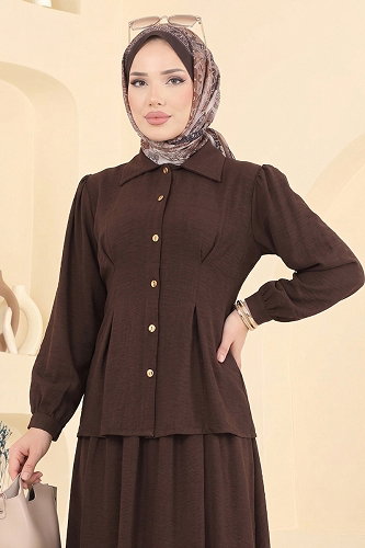 moda selvim Pili Detaylı Keten Takım 104NZRK1200 Kahve - Thumbnail