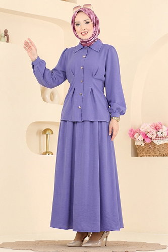 moda selvim Pili Detaylı Keten Takım 104NZRK1200 Lila - Thumbnail