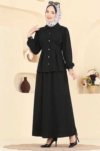 moda selvim Pili Detaylı Keten Takım 104NZRK1200 Siyah - Thumbnail