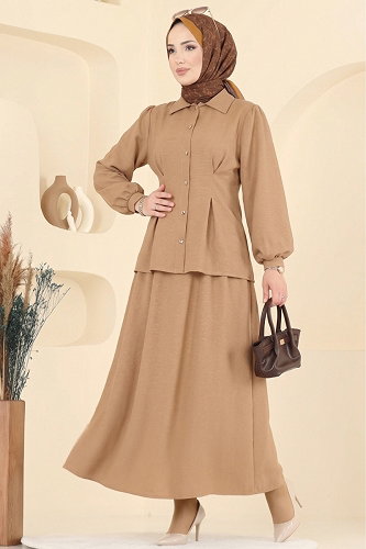 moda selvim Pili Detaylı Keten Takım 104NZRK1200 Vizyon - Thumbnail