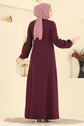 moda selvim Pili Detaylı Örme Elbise 24086UKBK1160 Bordo - Thumbnail