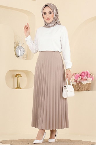 moda selvim Pilise Desenli Saten Etek 199NZRK1200 Bej - Thumbnail