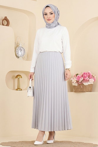 moda selvim Pilise Desenli Saten Etek 199NZRK1200 Gri - Thumbnail
