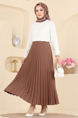 moda selvim Pilise Desenli Saten Etek 199NZRK1200 Kahve - Thumbnail