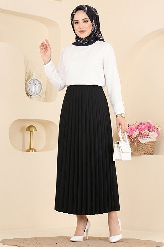 moda selvim Pilise Desenli Saten Etek 199NZRK1200 Siyah - Thumbnail