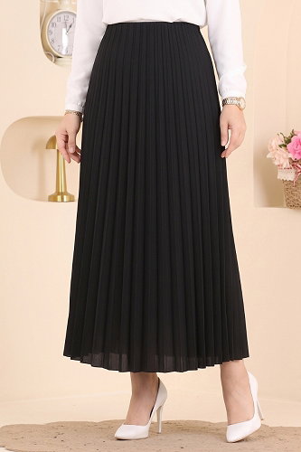 moda selvim Pilise Desenli Saten Etek 199NZRK1200 Siyah - Thumbnail